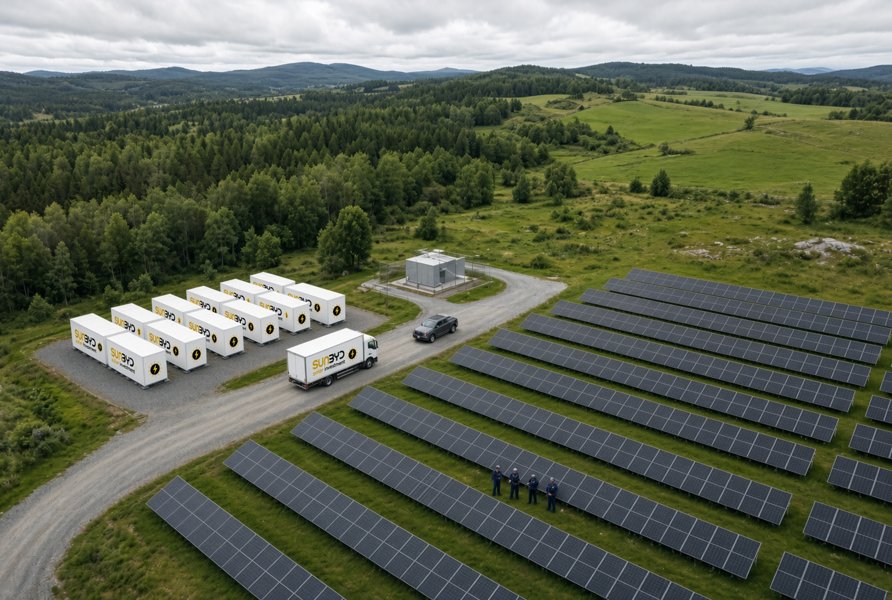 Aerial view of a SunByd solar site with battery storage containers