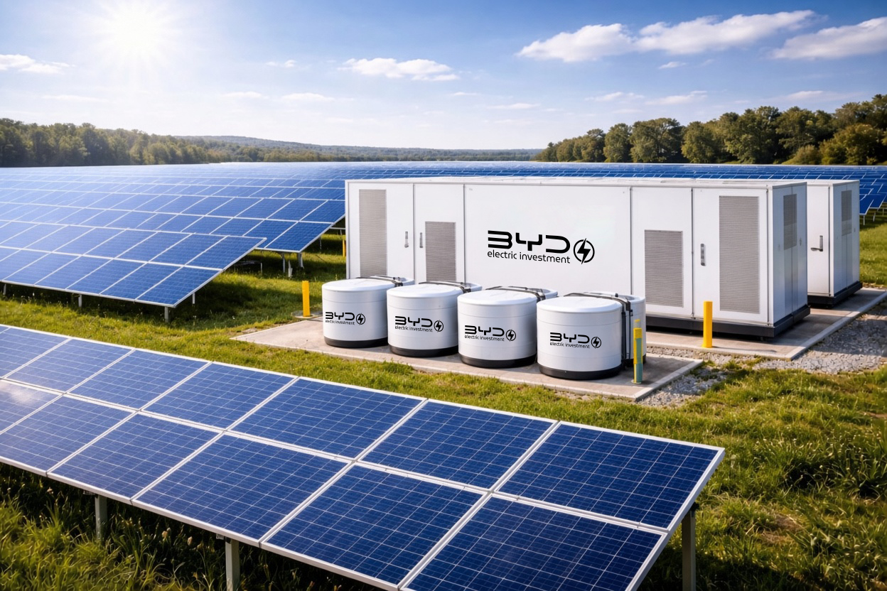 SunByd electric investment solar farm with battery storage containers